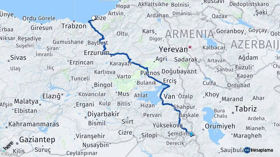 Hakkari Şemdinli Rize Arası Kaç Km - Yol Haritası