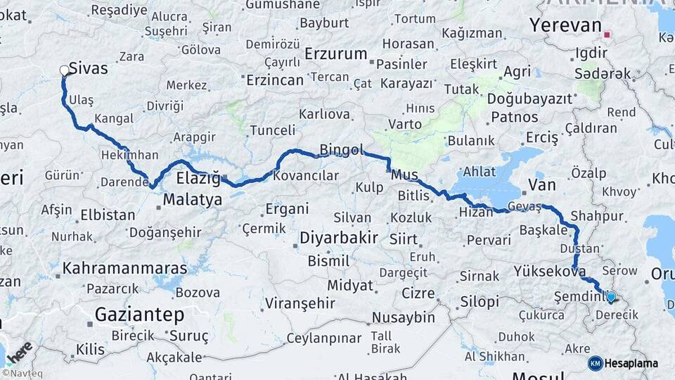 Hakkari Şemdinli Sivas Arası Kaç Km - Yol Haritası