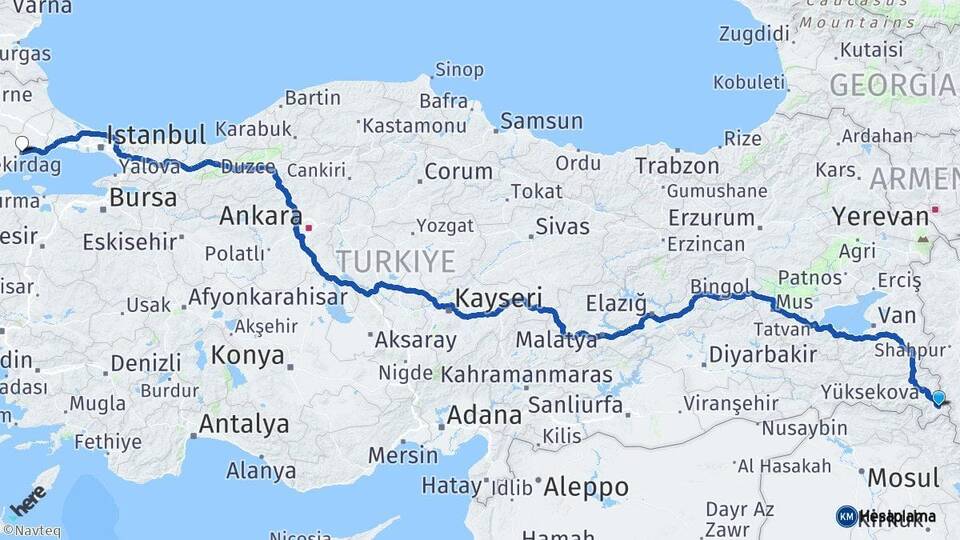 Hakkari Şemdinli Tekirdağ Arası Kaç Km - Yol Haritası