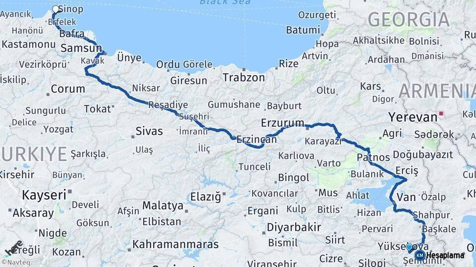 Hakkari Sinop Arası Kaç Km - Yol Haritası