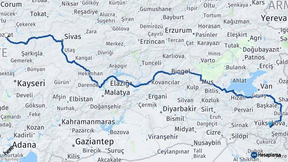 Hakkari Sorgun Yozgat Arası Kaç Km - Yol Haritası