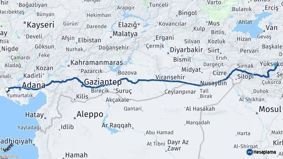 Hakkari Tarsus Mersin Arası Kaç Km - Yol Haritası