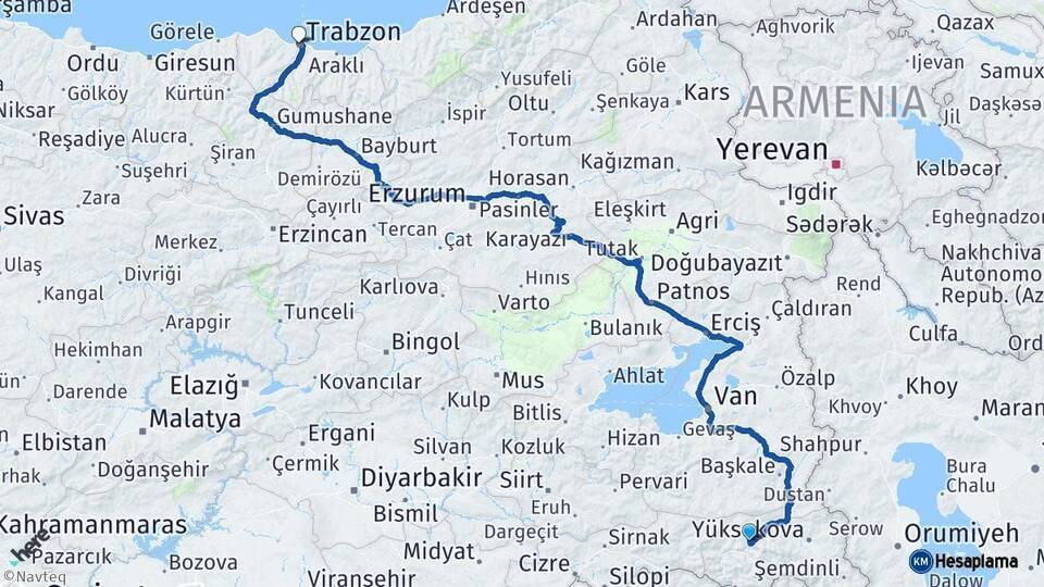 Hakkari Trabzon Arası Kaç Km - Yol Haritası