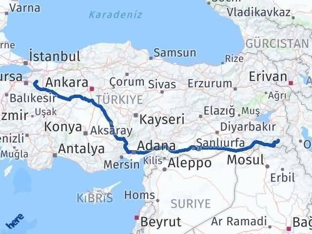 Hakkari Yenişehir Bursa Arası Kaç Km - Yol Haritası