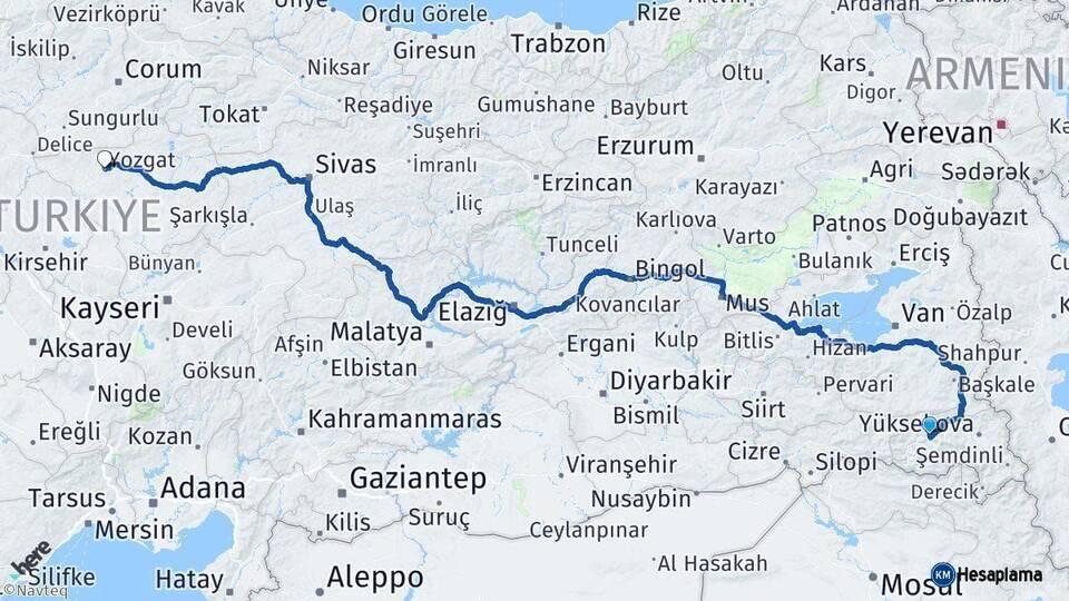 Hakkari Yozgat Arası Kaç Km - Yol Haritası