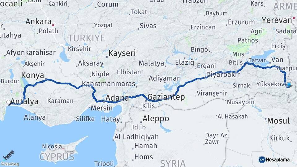 Hakkari Yüksekova Antalya Arası Kaç Km - Yol Haritası