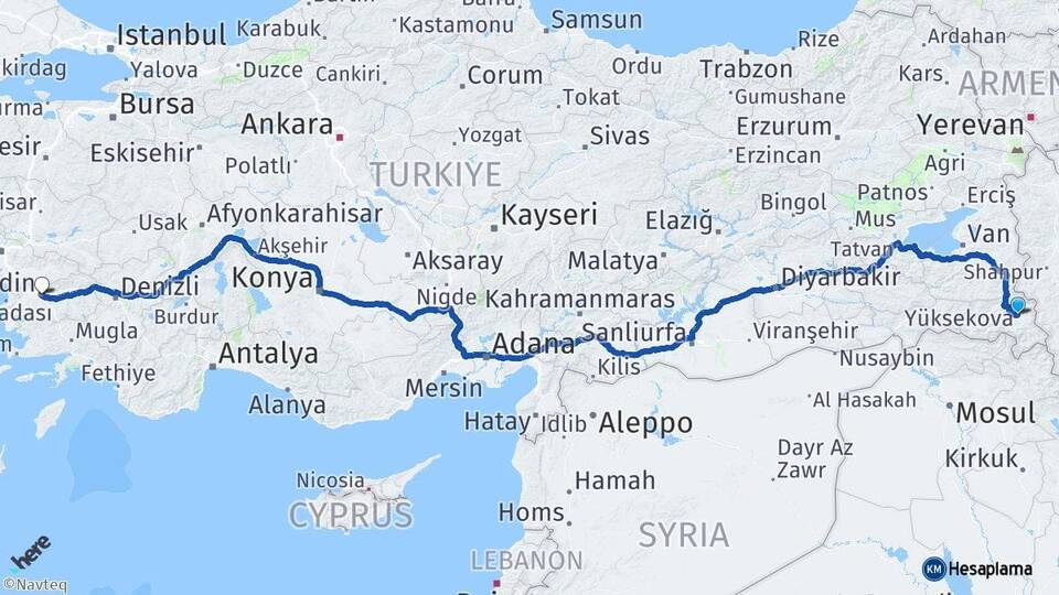 Hakkari Yüksekova Aydın Arası Kaç Km - Yol Haritası