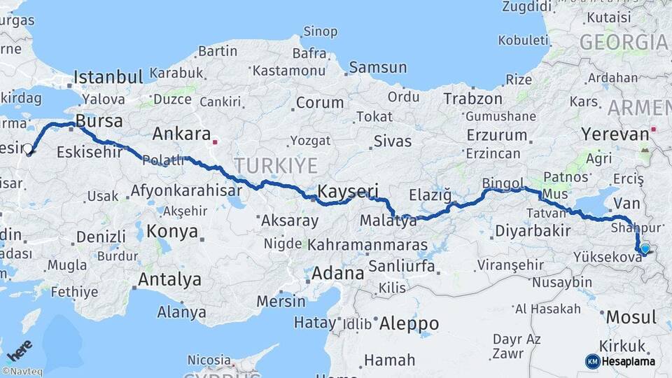 Hakkari Yüksekova Balıkesir Arası Kaç Km - Yol Haritası