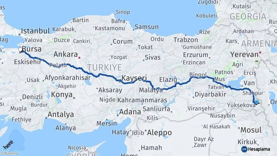 Hakkari Yüksekova Bursa Arası Kaç Km - Yol Haritası