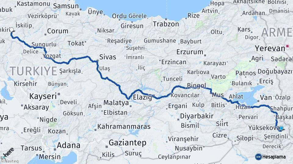 Hakkari Yüksekova Çankırı Arası Kaç Km - Yol Haritası