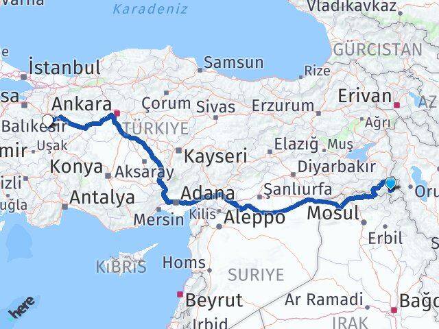 Hakkari Yüksekova Dağlıca Kütahya Arası Kaç Km - Yol Haritası