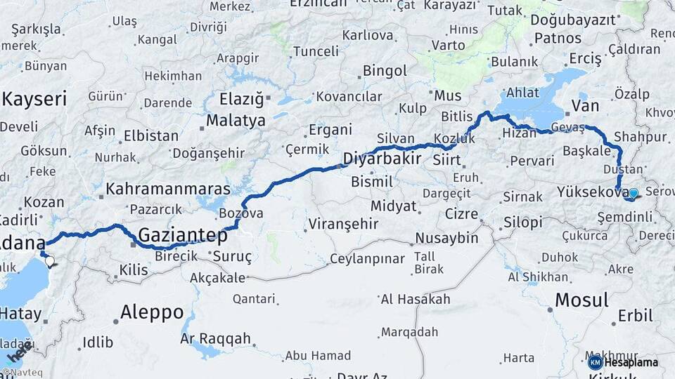 Hakkari Yüksekova Dörtyol Hatay Arası Kaç Km - Yol Haritası