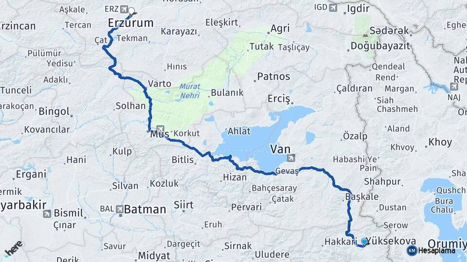 Hakkari Yüksekova Erzurum Arası Kaç Km - Yol Haritası