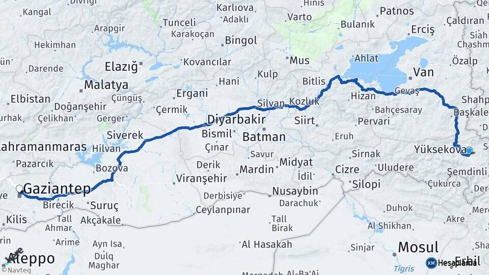 Hakkari Yüksekova Gaziantep Arası Kaç Km - Yol Haritası