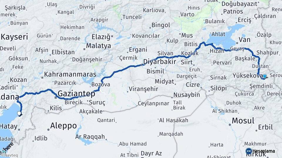 Hakkari Yüksekova İskenderun Hatay Arası Kaç Km - Yol Haritası