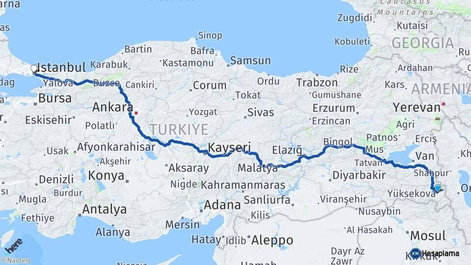 Hakkari Yüksekova İstanbul Arası Kaç Km - Yol Haritası