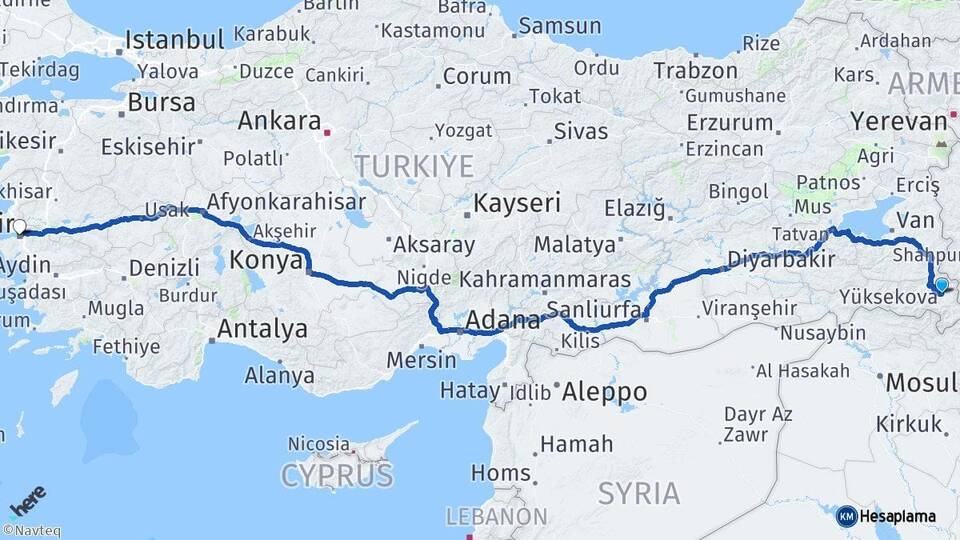 Hakkari Yüksekova İzmir Arası Kaç Km - Yol Haritası