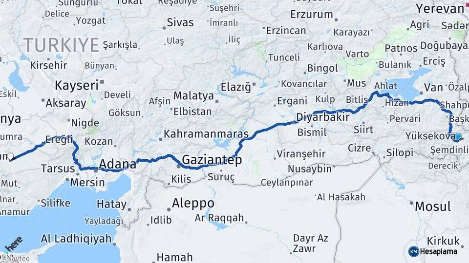 Hakkari Yüksekova Karaman Arası Kaç Km - Yol Haritası
