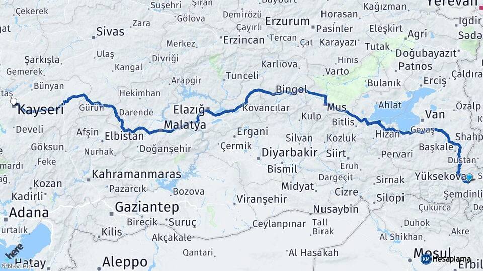 Hakkari Yüksekova Kayseri Arası Kaç Km - Yol Haritası