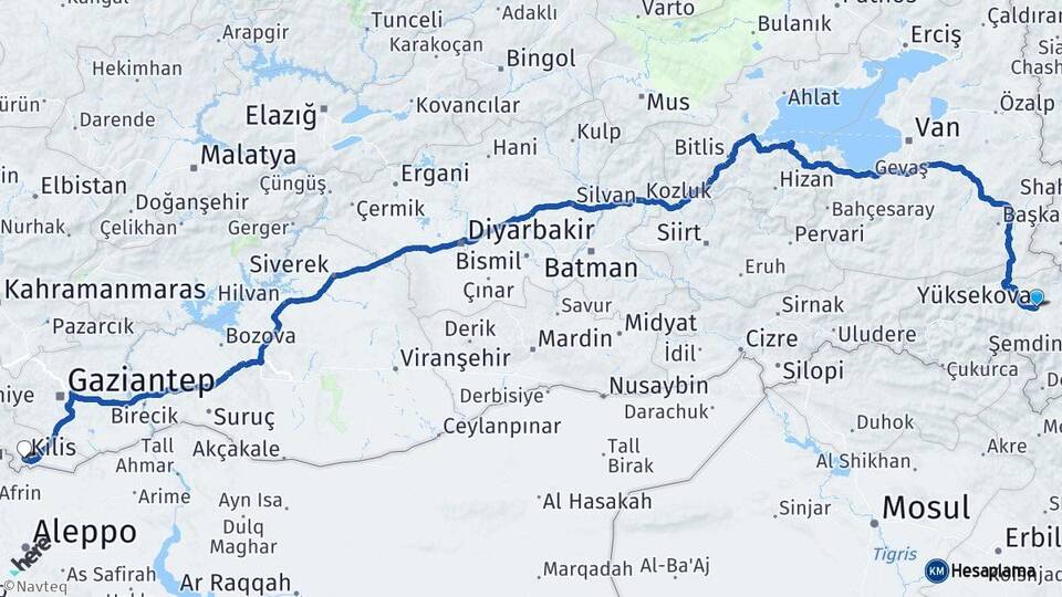 Hakkari Yüksekova Kilis Arası Kaç Km - Yol Haritası