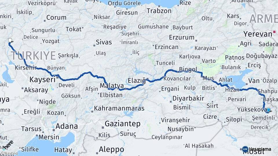 Hakkari Yüksekova Kırıkkale Arası Kaç Km - Yol Haritası