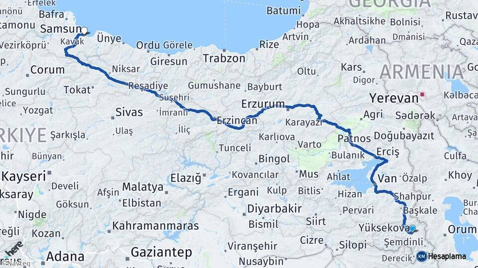 Hakkari Yüksekova Samsun Arası Kaç Km - Yol Haritası