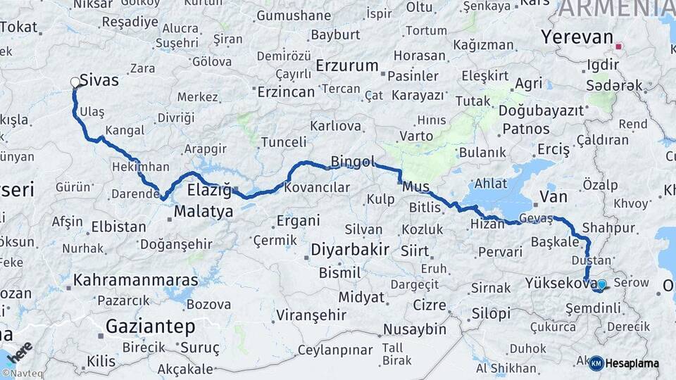 Hakkari Yüksekova Sivas Arası Kaç Km - Yol Haritası