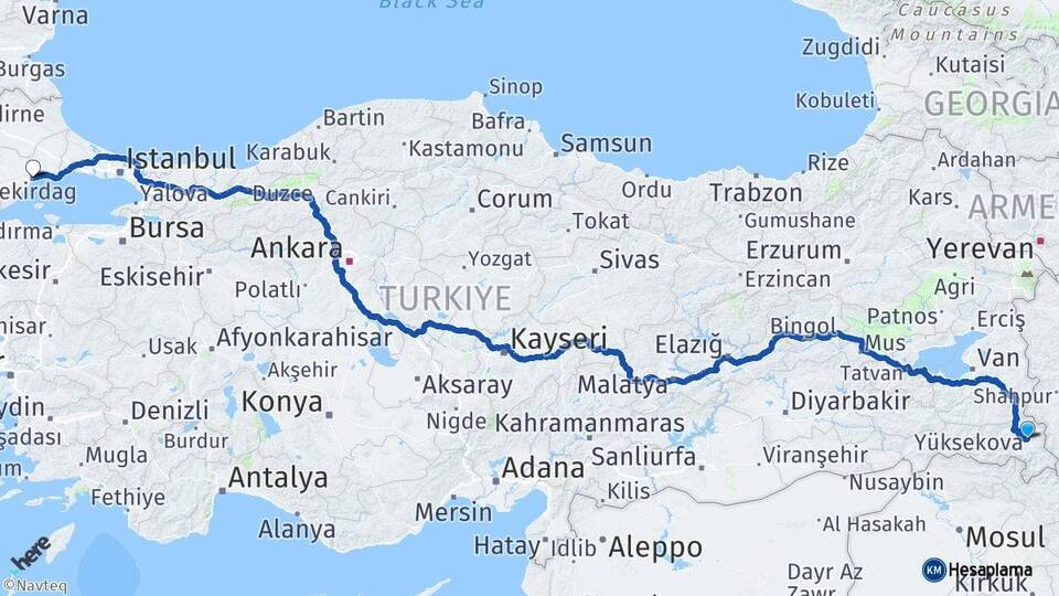 Hakkari Yüksekova Tekirdağ Arası Kaç Km - Yol Haritası