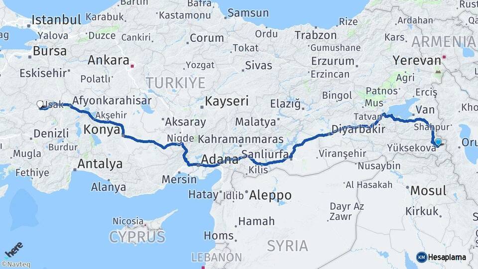 Hakkari Yüksekova Uşak Arası Kaç Km - Yol Haritası