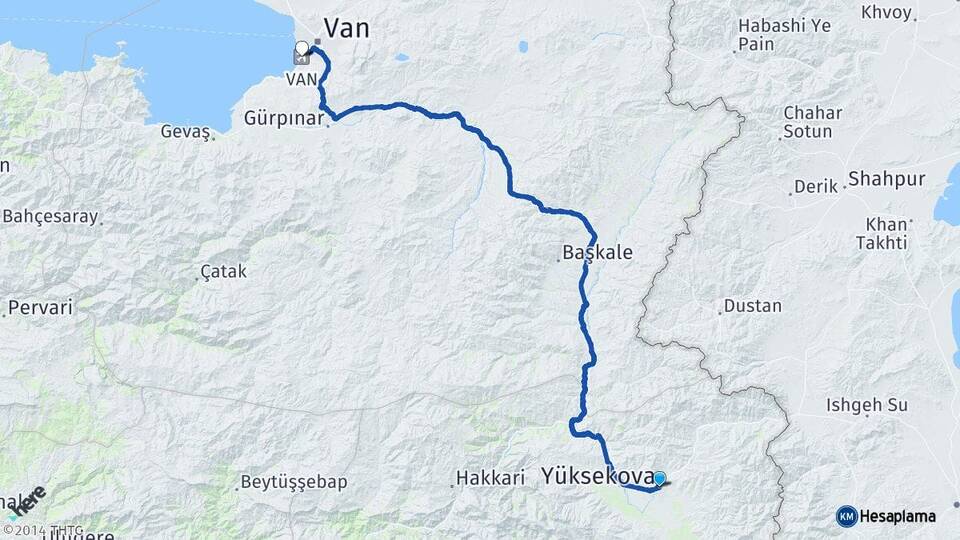 Hakkari Yüksekova Van Ferit Melen Havalimanı Arası Kaç Km - Yol Haritası