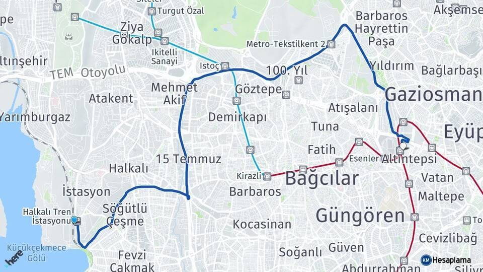 Halkalı Tren Garı Esenler Otogarı Arası Kaç Km - Yol Tarifi