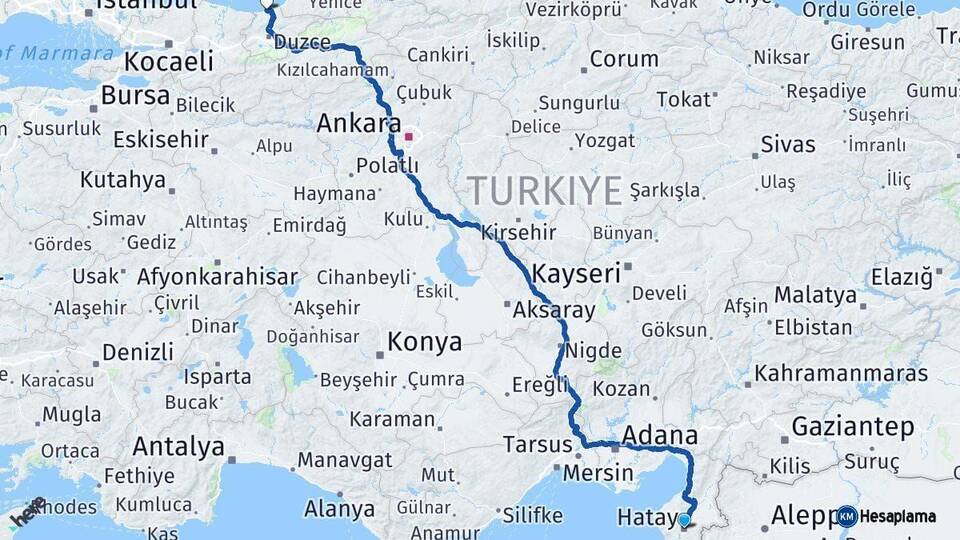 Hatay Akçakoca Düzce Arası Kaç Km - Yol Haritası