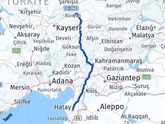Hatay Akkışla Kayseri Arası Kaç Km - Yol Haritası