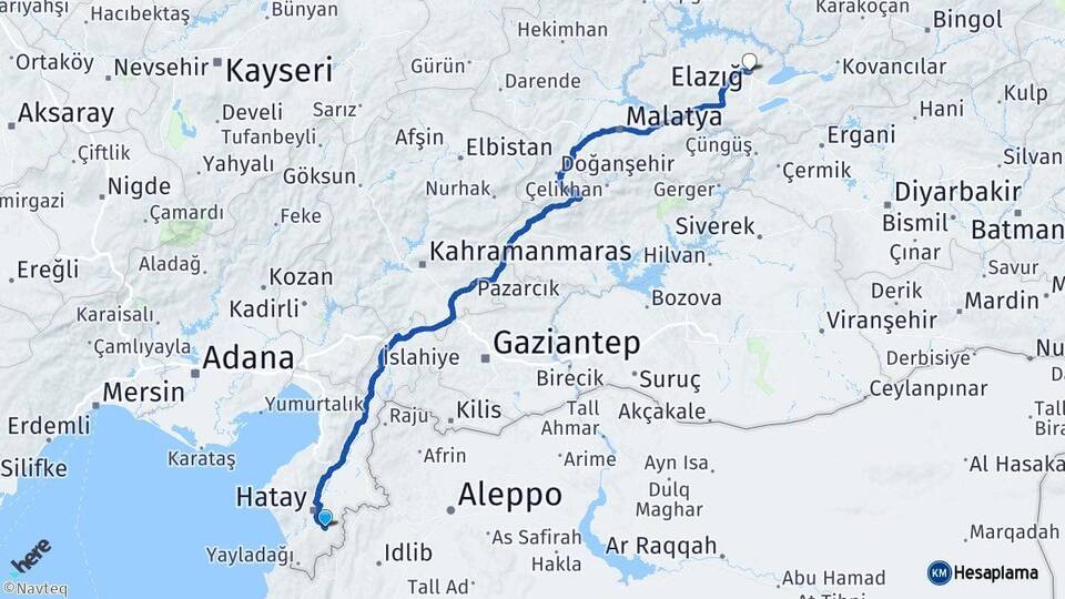 Hatay Altınözü Elazığ Arası Kaç Km - Yol Haritası