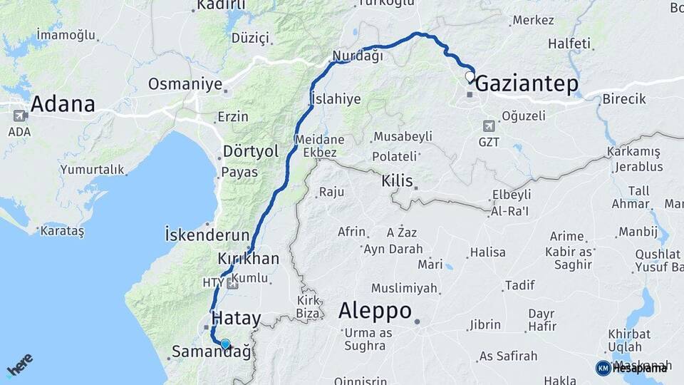 Hatay Altınözü Gaziantep Arası Kaç Km - Yol Haritası