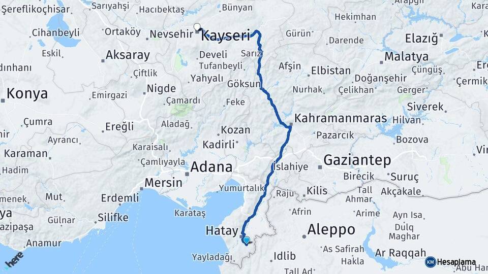 Hatay Altınözü Kayseri Arası Kaç Km - Yol Haritası