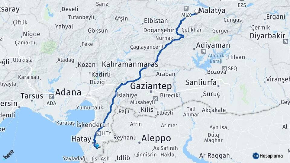 Hatay Altınözü Malatya Arası Kaç Km - Yol Haritası