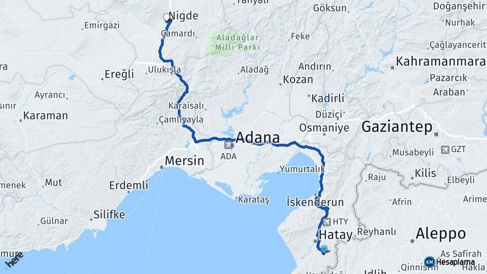 Hatay Altınözü Niğde Arası Kaç Km - Yol Haritası