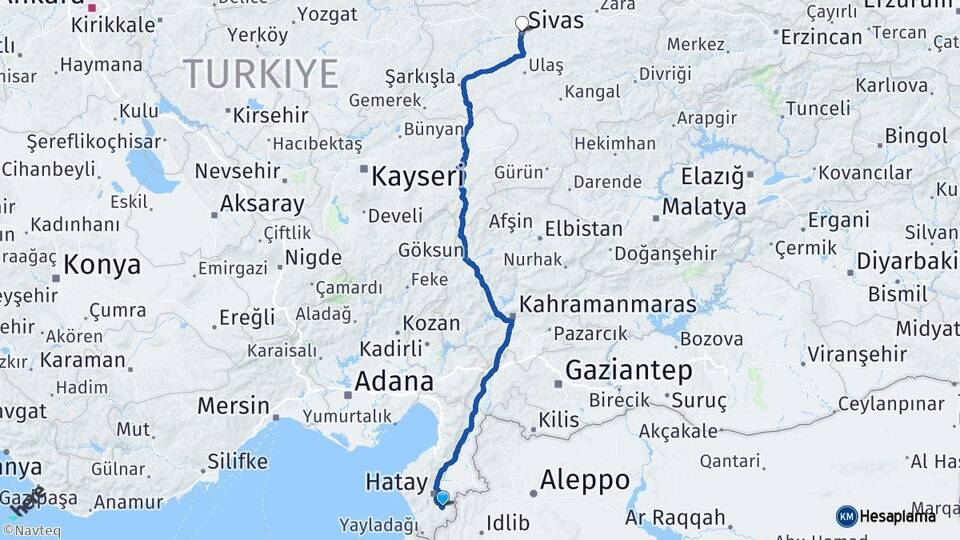 Hatay Altınözü Sivas Arası Kaç Km - Yol Haritası