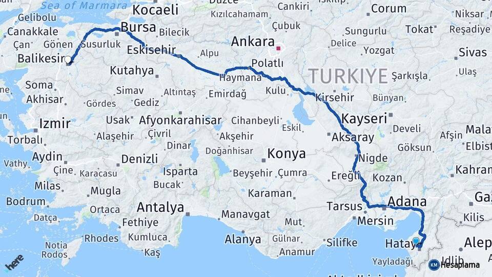 Hatay Antakya Balıkesir Arası Kaç Km - Yol Haritası