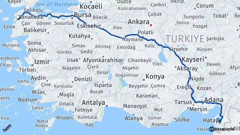 Hatay Antakya Çanakkale Arası Kaç Km - Yol Haritası