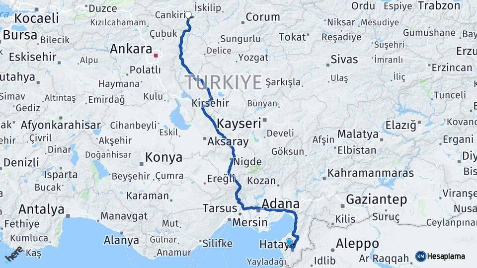 Hatay Antakya Çankırı Arası Kaç Km - Yol Haritası