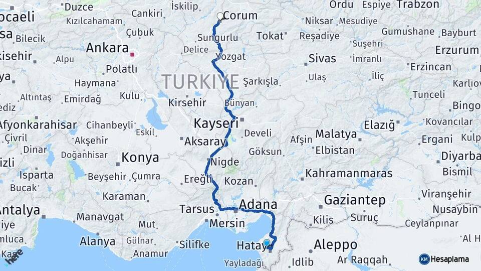 Hatay Antakya Çorum Arası Kaç Km - Yol Haritası