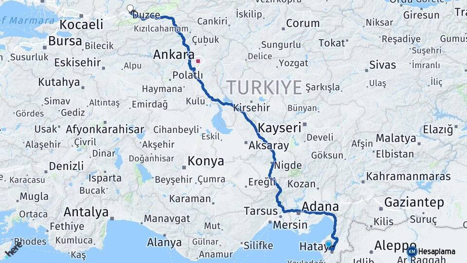 Hatay Antakya Düzce Arası Kaç Km - Yol Haritası