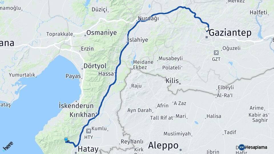 Hatay Antakya Gaziantep Arası Kaç Km - Yol Haritası