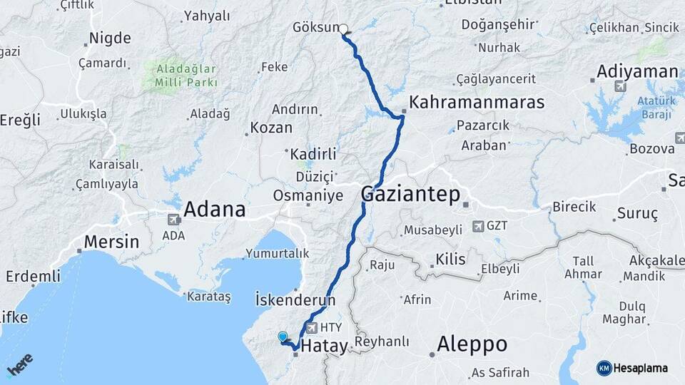 Hatay Antakya Göksun Kahramanmaraş Arası Kaç Km - Yol Haritası