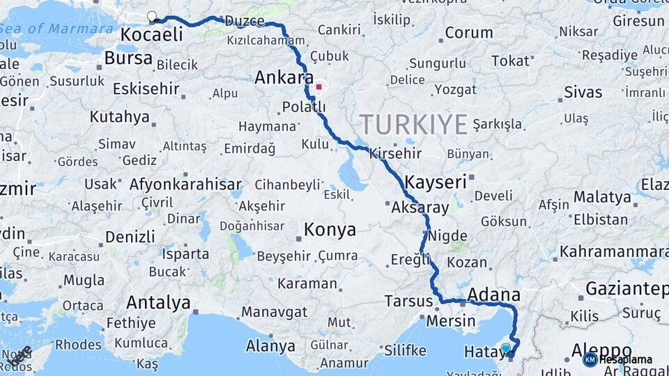 Hatay Antakya Kocaeli Arası Kaç Km - Yol Haritası
