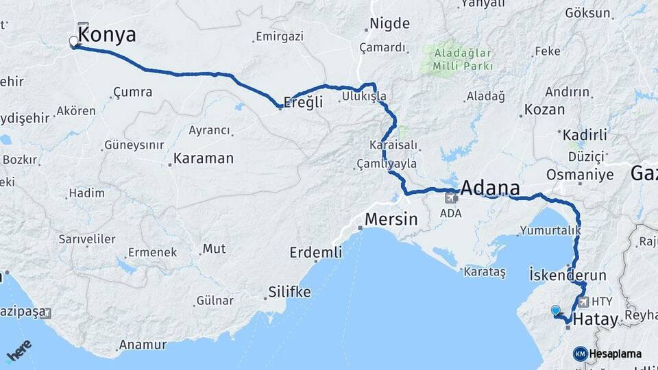 Hatay Antakya Konya Arası Kaç Km - Yol Haritası