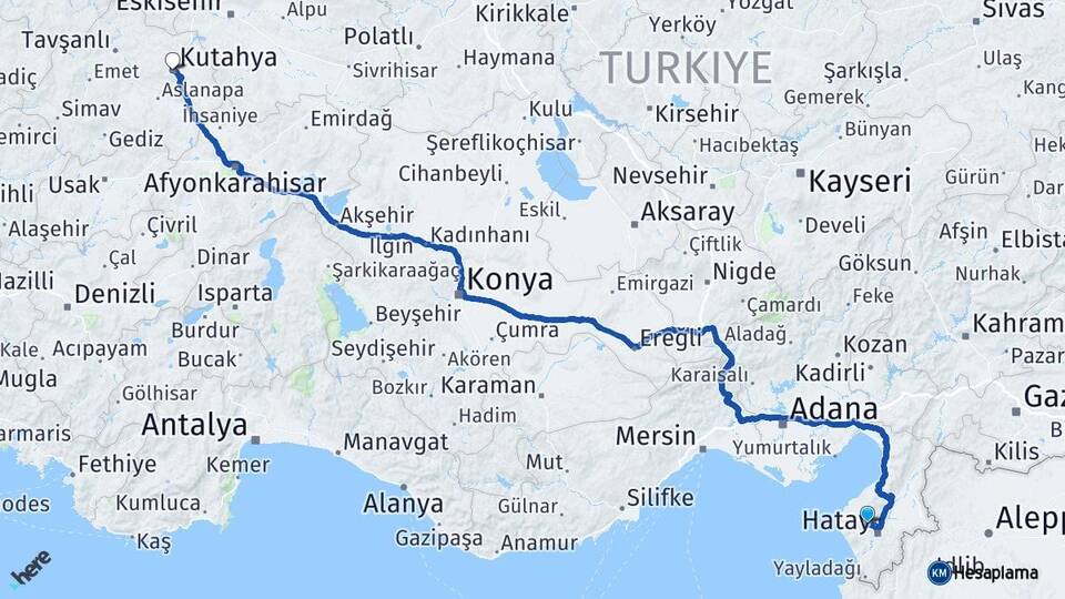 Hatay Antakya Kütahya Arası Kaç Km - Yol Haritası