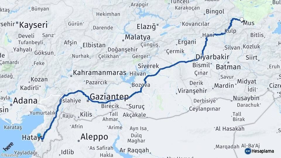 Hatay Antakya Muş Arası Kaç Km - Yol Haritası